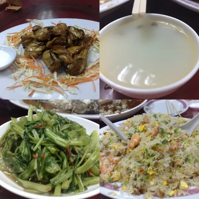 砵酒焗生蠔, 海鮮湯, 蝦醬通菜, 招牌炒飯