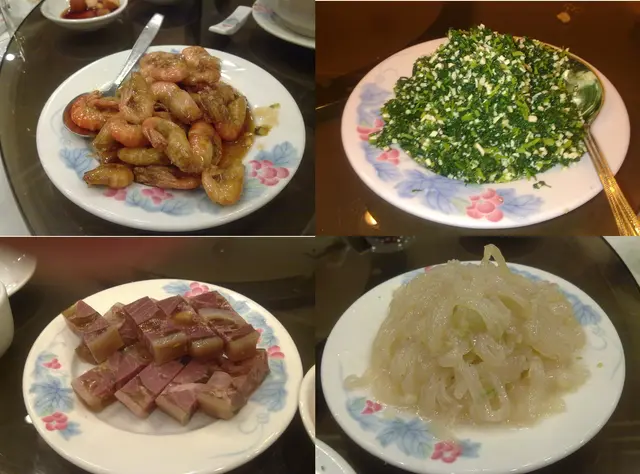 (左上起) 油炮蝦、 馬蘭頭、鎮江肉、海蜇絲