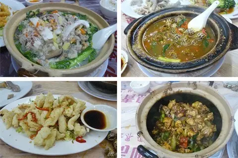 海鲜什菜煲, 辣酒煮花螺, 椒鹽鲜鱿, 向西雞