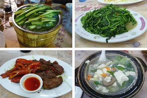 冰鎮青瓜,蒜蓉炒西洋菜, 椒盐骨拼炸大肠,东江鯪鱼肉,豆腐什菜煲