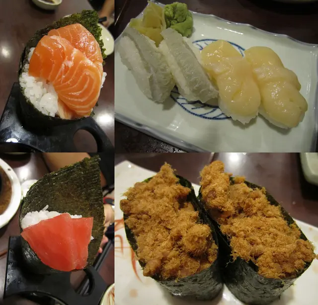 左邊 : 手卷 ; 右上 - 左口魚裙邊壽司 ; 右下 - 肉鬆壽司