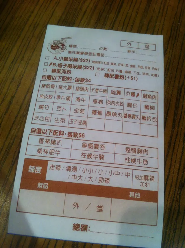 米線 order 單