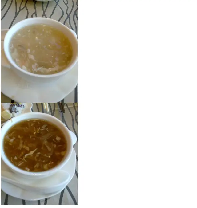 上圖：芺蓉蛋白燴燕窩羮；下圖：花膠燴瑤柱湯羮