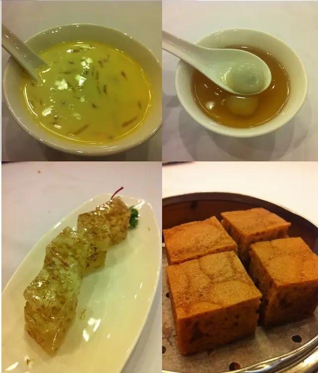 送的糖水楊滋金露和薑汁湯丸 另外叫的桂花馬蹄凍糕和馬拉糕