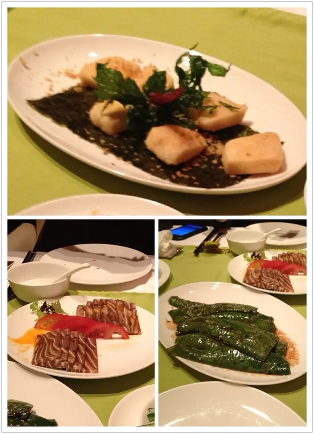 前菜:脆皮金磚豆腐、紅油滷水千層耳、魚汁爆虎皮青椒