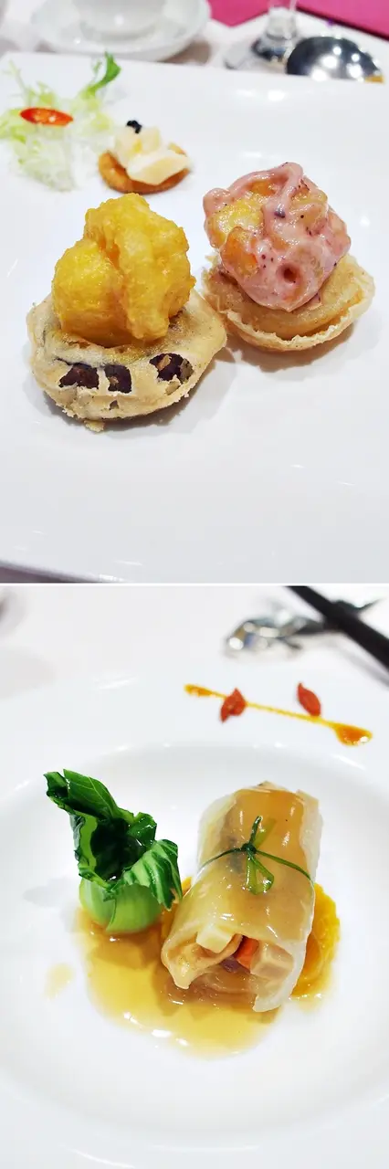 鴛鴦金沙脆蝦球、三色冬瓜扎