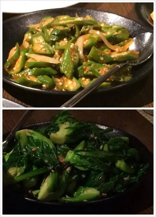 森巴醬炒秋葵、咸魚炒椰菜苗