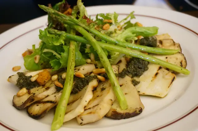 Grilled Giant Mushroom Salad with Asparagus, Seasonal Vegetables, Pine Nuts, Salsa Verde Dressing