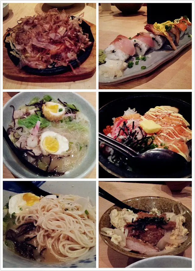 (由左上開始,順時針方向)廣島燒餅、特上壽司盛合、石鍋海鮮飯、滑蛋雞飯、和民拉麵及太平燕