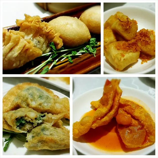 沙律明蝦角，安蝦咸水角，椒鹽豆腐粒，脆皮韭菜角，錦鹵脆雲吞