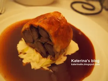 Lamb Fillets and Eggplant baked in Puff Pastry  On creamed Leeks and Rosemary Jus $268