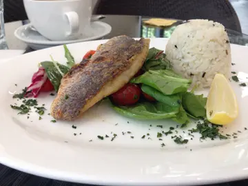 Pan fried fish (mullet) with cherry tomato salad and rice
