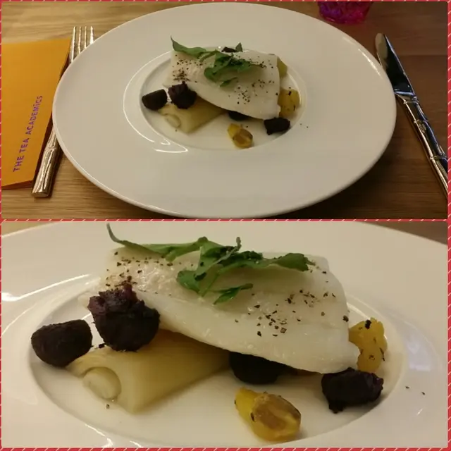 廚師加入海鹽在新鮮多寶魚柳魚上, 配以大蔥一齊食, 清甜不腥, 甜薯球分別以紫心蕃薯,黃心蕃薯做成