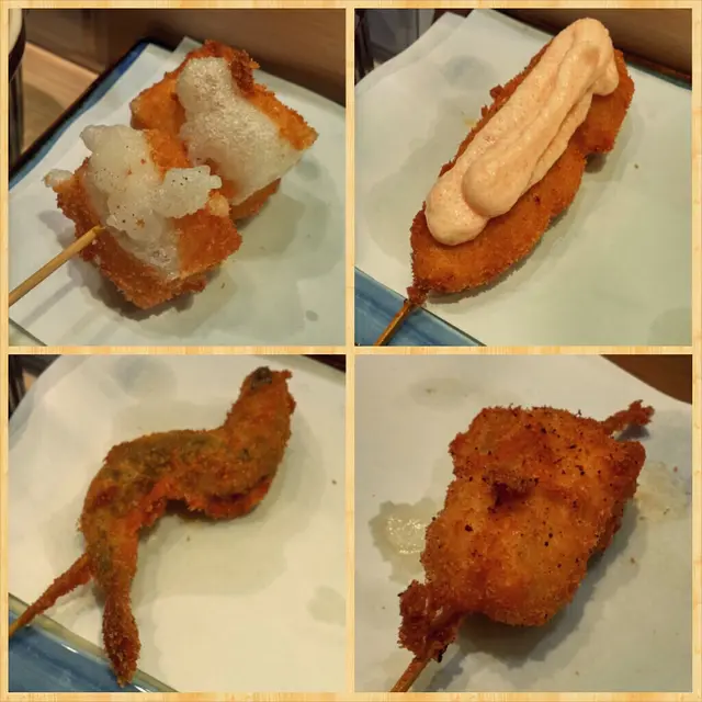 左上順時針: 麻糬, 明太子雞胸, 鱚魚, 香魚