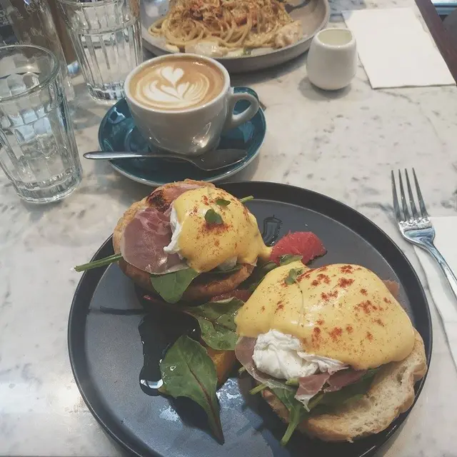 Eggs benedict with prosciutto and greens