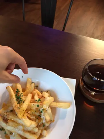 Cheese fries and drip coffee