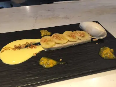 Banana's Ice-cream & Pudding with Passion Fruit Cream and Crispy Peanut