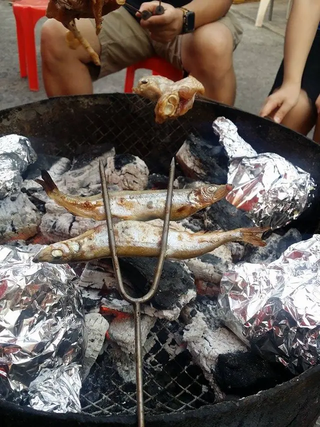 多春魚不用刺穿，只需把牠們平放在燒烤叉的一邊，然後小心移放燒熟一邊，魚皮會黏著燒烤叉，這時便可反轉燒另一邊，多春魚會不用破。