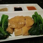 Boneless Chicken in Hainan Style , with chili sauce, thick soy sauce and garlic/ginger sauce