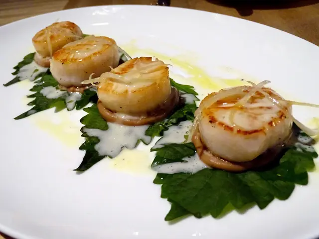 Griddled scallops with chestnut puree, shiso and lemon