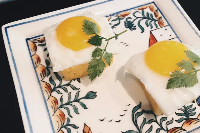 Steamed baby Abalone w/polenta & Sunny side up quail egg