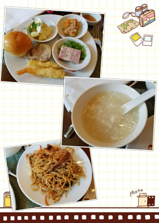 細細碟的像午餐肉的幾好食，南瓜幾甜，天婦羅脆脆的都好食，豆腐雞絲湯味道剛好，鐵板曼魚炒麵都唔差！