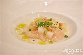 Hokkaido scallop marinated in apple consumm&#233; with lime, celery, jicama and walnuts - Arcane in Central 
