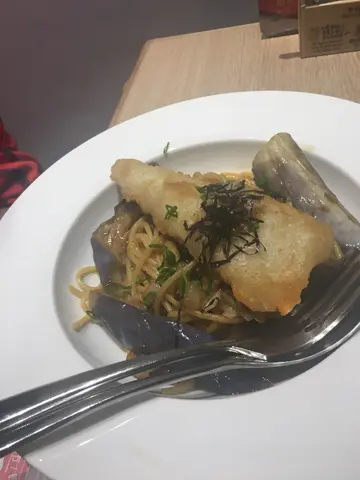 Teriyaki eggplant and fried fish  pasta