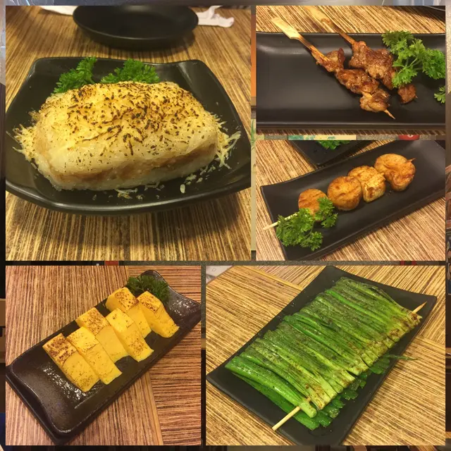 燒芝士餈飯($26)/燒雞軟骨串($24)/沙茶醬燒雞脾菇($14)/玉子燒($25)/燒韭菜($15)