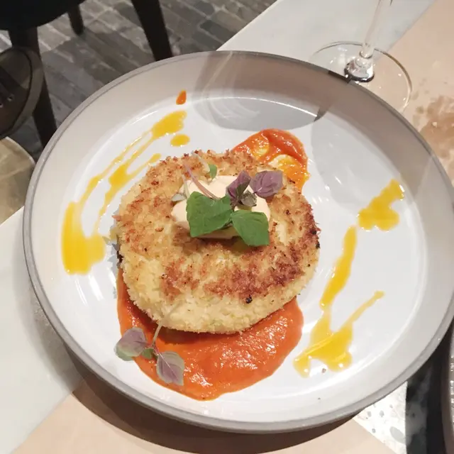Boston Style Crab Cake, Breaded and Pan fried, Roasted Pepper Sauce
