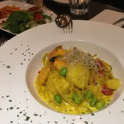 Turmeric  Scallop  &  Prawn  Pasta