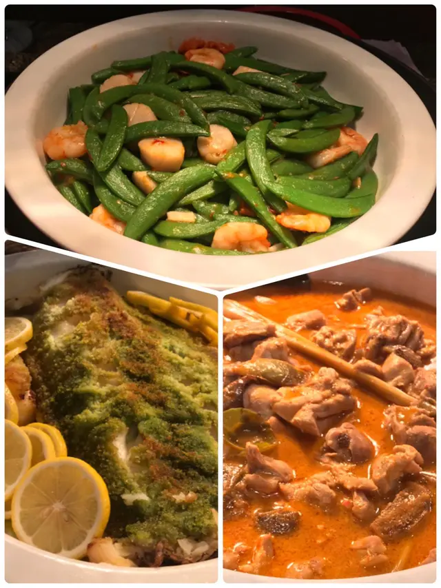 時菜炒海鮮、銀雪魚、咖哩雞