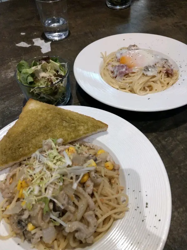 溫泉蛋煙肉白菌意粉。