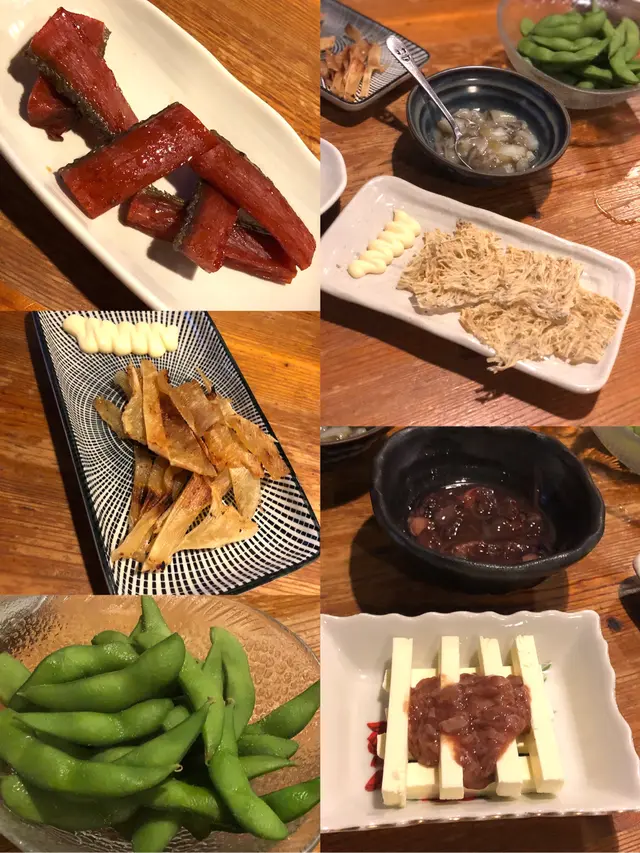 燒三文魚乾、燒三文魚翅(印象中)、毛豆、芥辣八爪魚、燒白飯魚乾、螢光魷魚、芝士酒盜