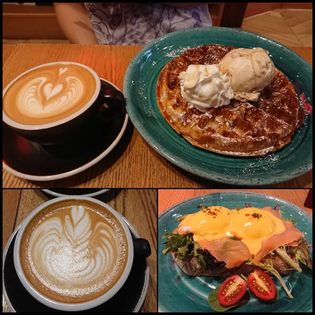 Egg Benedict, waffle , flat white, cappuccino