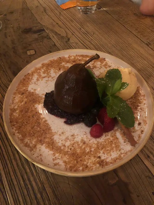 Early Grey Poached pear with vanilla ice cream