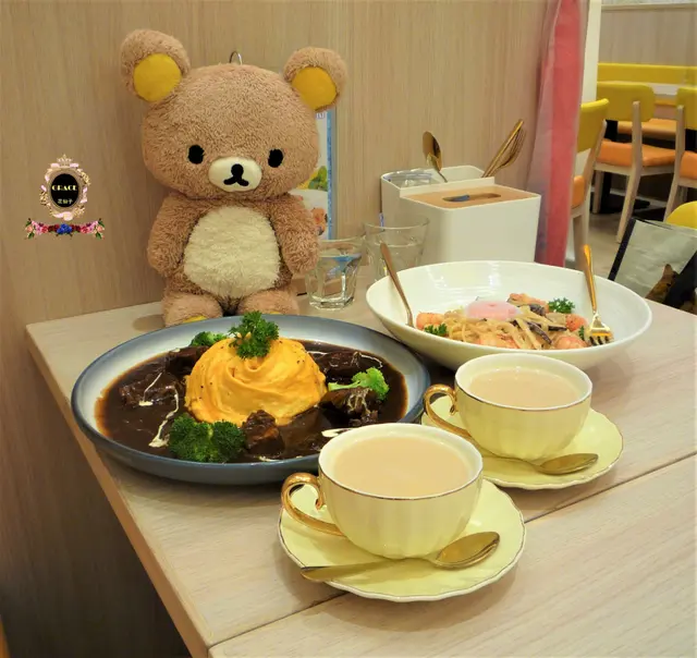 燉牛肉蛋包飯 + 海蝦明太子忌廉意粉 + 熱原味珍珠奶茶