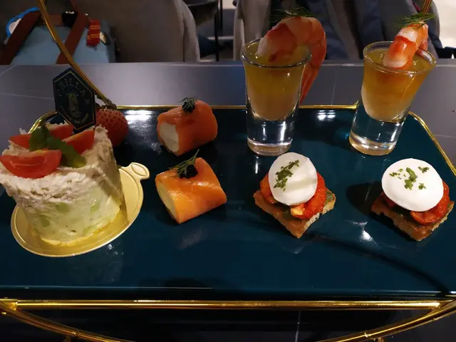 Sun-dried Tomato with Mozzarella Cheese on Toasts, Prawns with Yuzu and Lemon Sauce, Smoked Salmon and Cream Cheese Rolls, Avocado Tartare with Crab Meat Salad