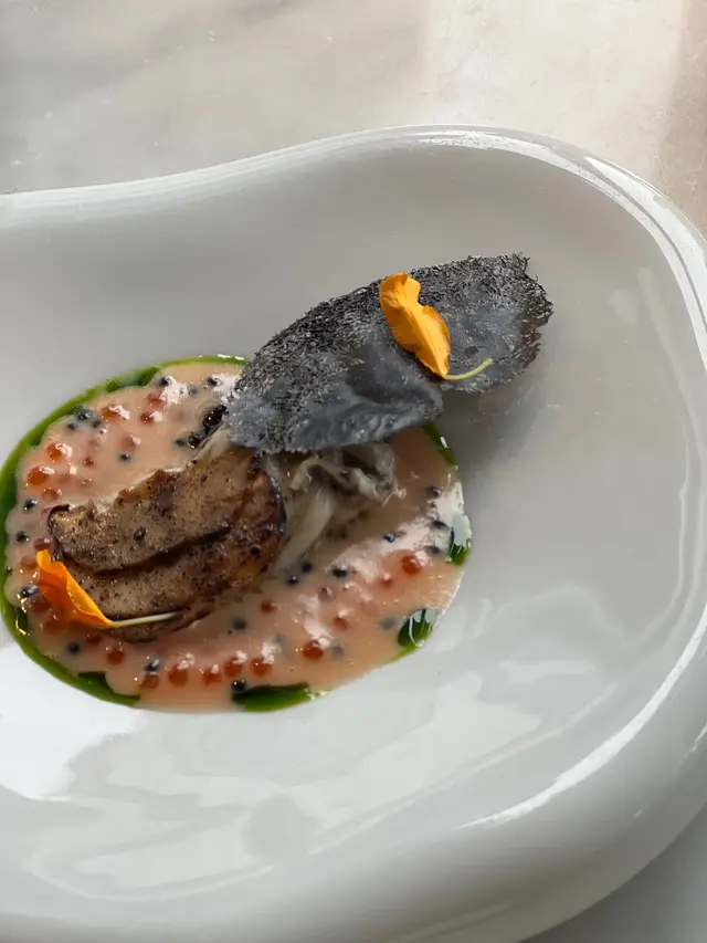 dried oyster fat choy tuile Japanese Murotsu oyster herring roe trout roe beetroot roselle beurre blanc