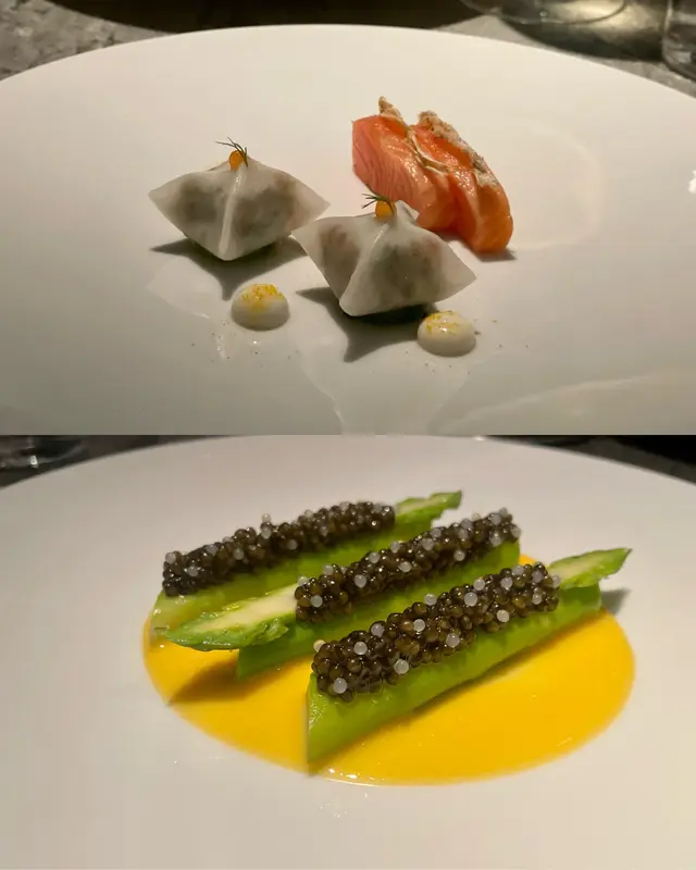 CURED TASMANIAN OCEAN TROUT WITH HORSERADISH AND DILL KYUSHU ASPARAGUS WITH CAVIAR AND CITRUS ANGLAISE