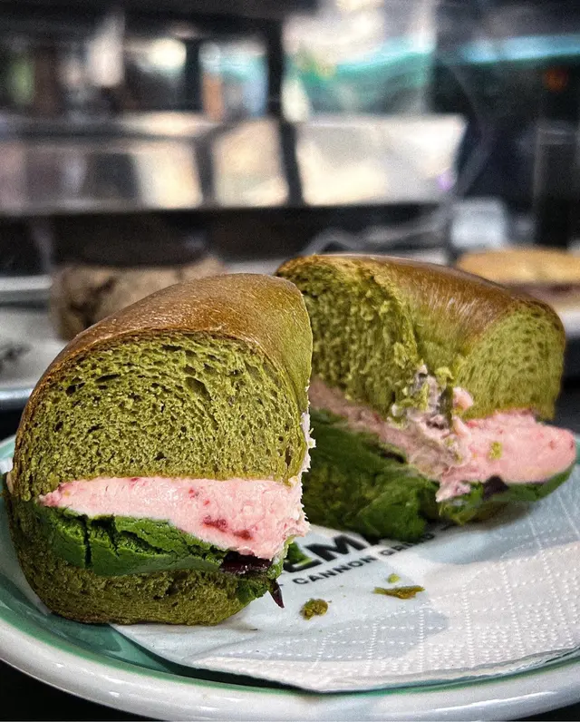 Matcha and Strawberry Bagel