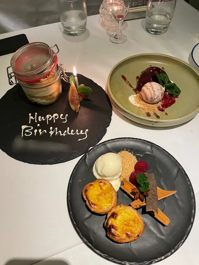 Pastel de Nata, Portuguese mini egg tarts+  Pera Bebeda, port wine drunken pear with cheesecake texture and port wine reduction+  Christmas Serradura – macerated peach in muscatel and nuts