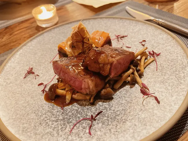 Prime Sirloin with Roasted Garlic Sweet Potato and Beef Jus