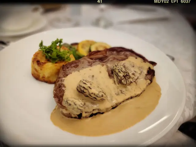 Grilled Australian Ribeye Steak with Whiskey Morel Sauce, Scalloped Potatoes & Grilled Assorted Vegetables