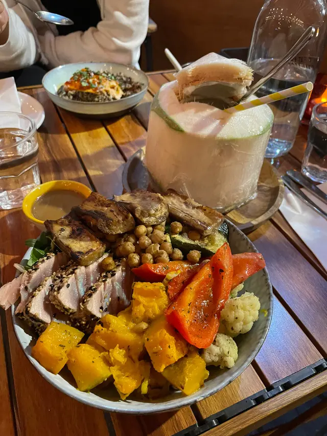 Baked Miso Eggplant, Seared Sesame Tuna, Roasted Veggies