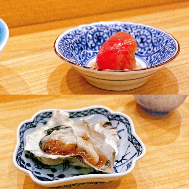 靜岡糖蕃茄🍅-甜甜蕃茄為廚師發板揭開序幕 長崎小長井真牡蠣🦪-即開即食，鮮甜嫩滑