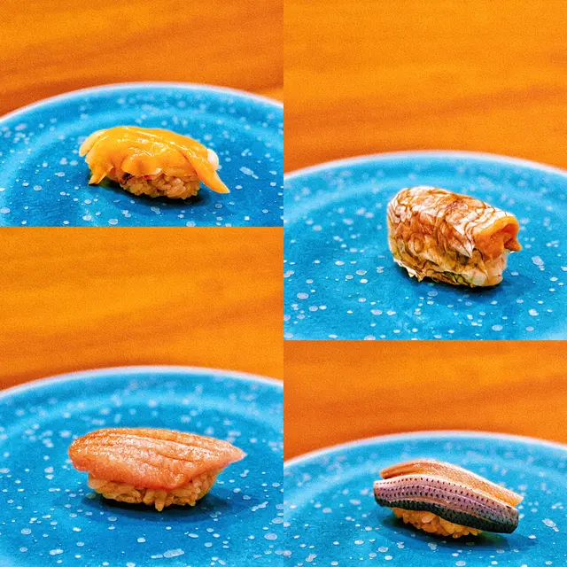 熟成1個月宮城塩釜大吞拿魚腩-油脂豐富，入口即化 北海道赤海膽、北海道雪昆布-赤海膽味道濃郁甜美，雪昆布提鮮 北海道青柳-鮮甜爽嫩，口感滑溜 熟成4日熊本小肌-肉感結實，入口鮮嫩