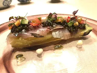 Marinated Eggplant with cured Japanese horse mackerel