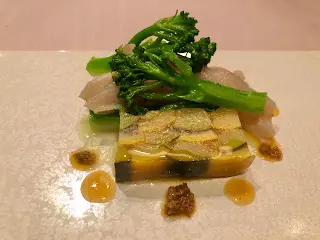 Grilled “Miru” geoduck and broccolini salad, with zucchini terrine