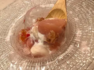 Peach compote topped with peach resin crystal